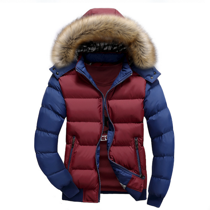 Removable Hooded Men's Two-Toned Quilted Jacket: navy blue, tan puffer jacket, sporty casual style