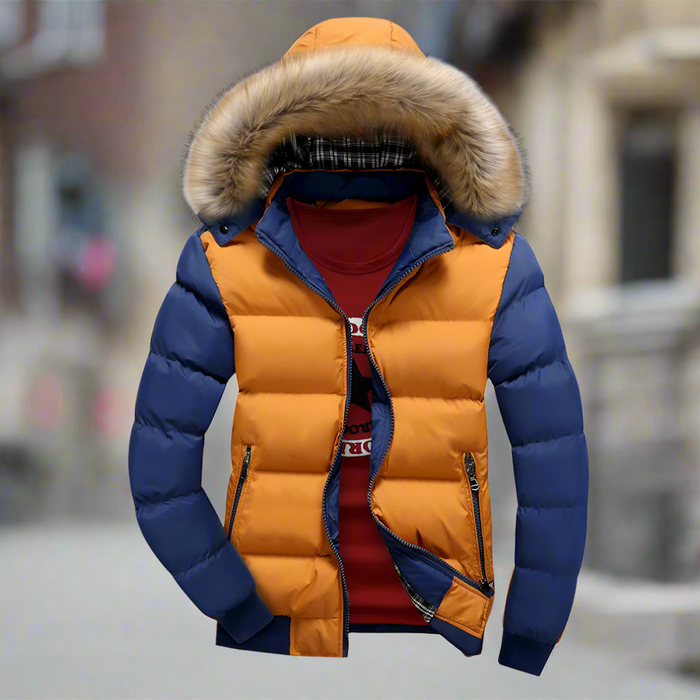 Removable Hooded Men's Two-Toned Quilted Jacket: navy blue, tan puffer jacket, sporty casual style