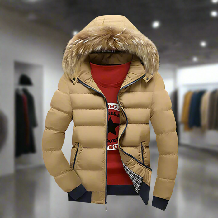 Removable Hooded Men's Two-Toned Quilted Jacket: navy blue, tan puffer jacket, sporty casual style