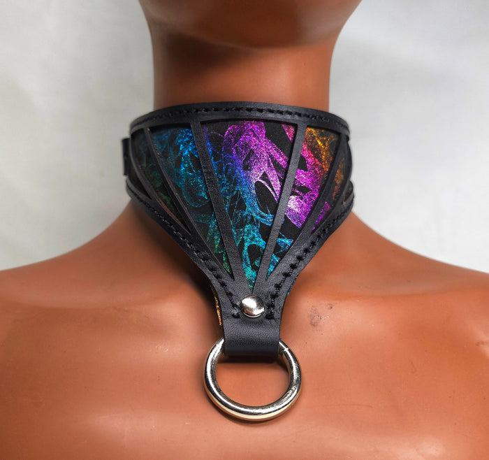 Requiem Collar and cuffs in Dark Rainbow Leather - Made to Order