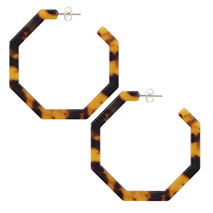 Resin Hoop Earrings with Geometric Design: teal green, cream pair of hoop earrings, bold geometric style