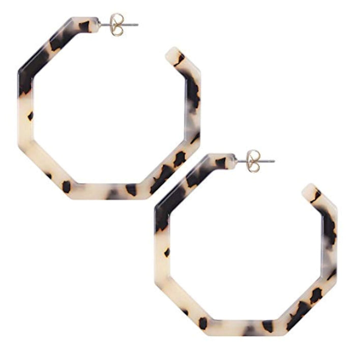 Resin Hoop Earrings with Geometric Design: teal green, cream pair of hoop earrings, bold geometric style