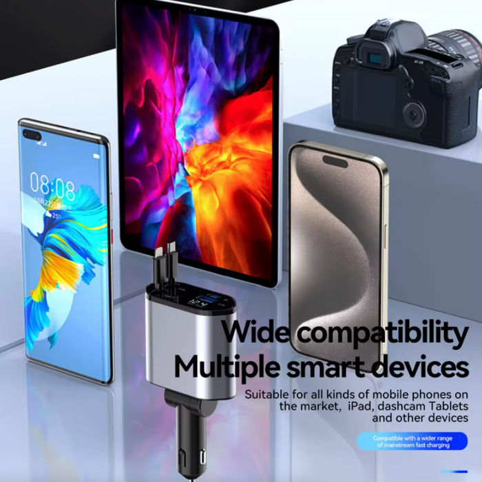 Retractable Car Charger with 120W Fast Charging and 4-in-1 Compatibility: silver, black multi-device charging adapter/cable