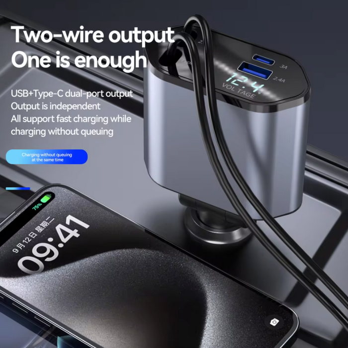 Retractable Car Charger with 120W Fast Charging and 4-in-1 Compatibility: silver, black multi-device charging adapter/cable