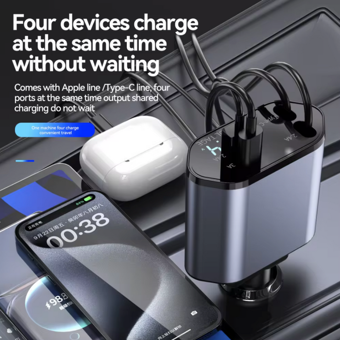 Retractable Car Charger with 120W Fast Charging and 4-in-1 Compatibility: silver, black multi-device charging adapter/cable