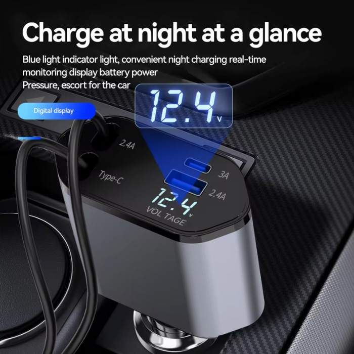 Retractable Car Charger with 120W Fast Charging and 4-in-1 Compatibility: silver, black multi-device charging adapter/cable