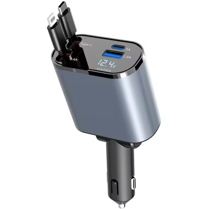 Retractable Car Charger with 120W Fast Charging and 4-in-1 Compatibility: silver, black multi-device charging adapter/cable