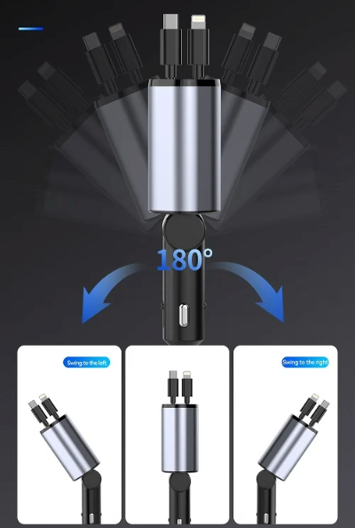 Retractable Car Charger with 120W Fast Charging and 4-in-1 Compatibility: silver, black multi-device charging adapter/cable