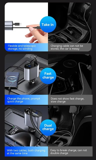 Retractable Car Charger with 120W Fast Charging and 4-in-1 Compatibility: silver, black multi-device charging adapter/cable