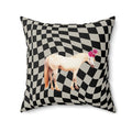 Retro Enchanted Unicorn Square Pillow, Available in 3 Sizes: black, white horse, surreal graphic style