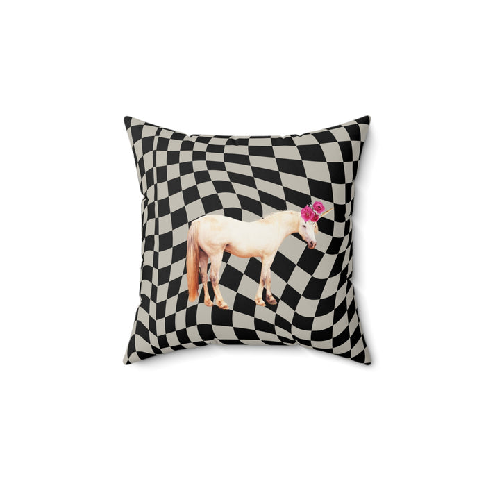 Retro Enchanted Unicorn Square Pillow, Available in 3 Sizes: black, white horse, surreal graphic style