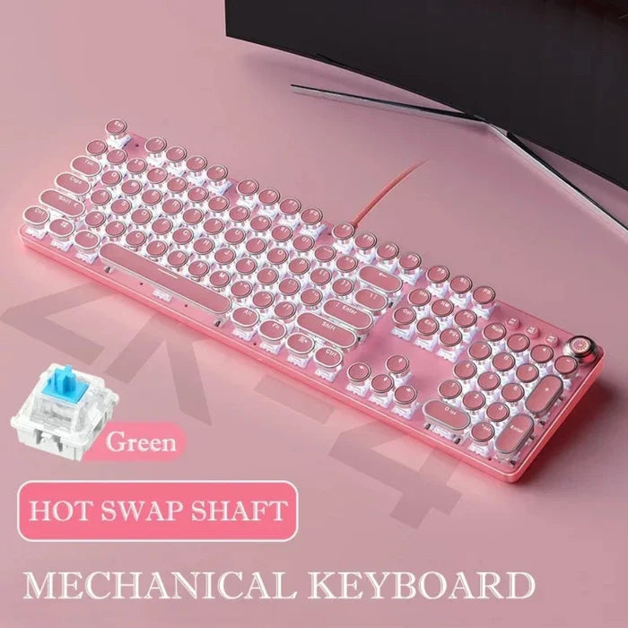 Retro Mechanical Keyboard with a Pink and Sky Blue Color Scheme: pink, white computer keyboard, retro typewriter-inspired, ka