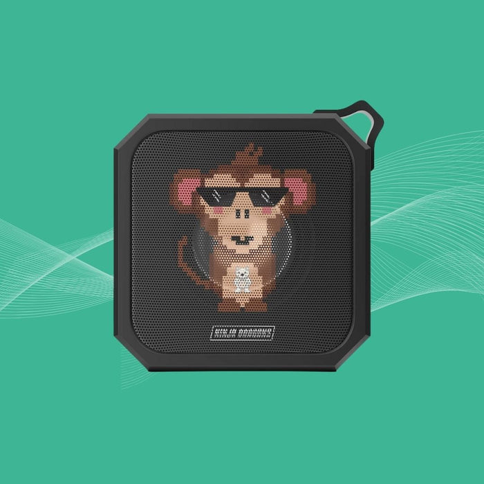 Retro Pixel Waterproof Bluetooth Speaker with Ninja Dragon Design: black, dark gray cartoon monkey character