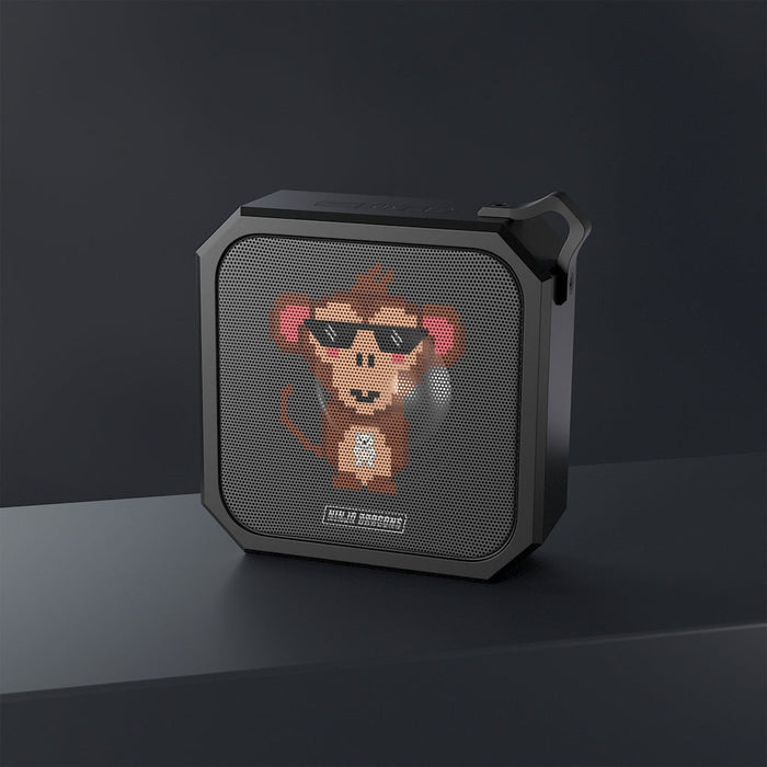 Retro Pixel Waterproof Bluetooth Speaker with Ninja Dragon Design: black, dark gray cartoon monkey character