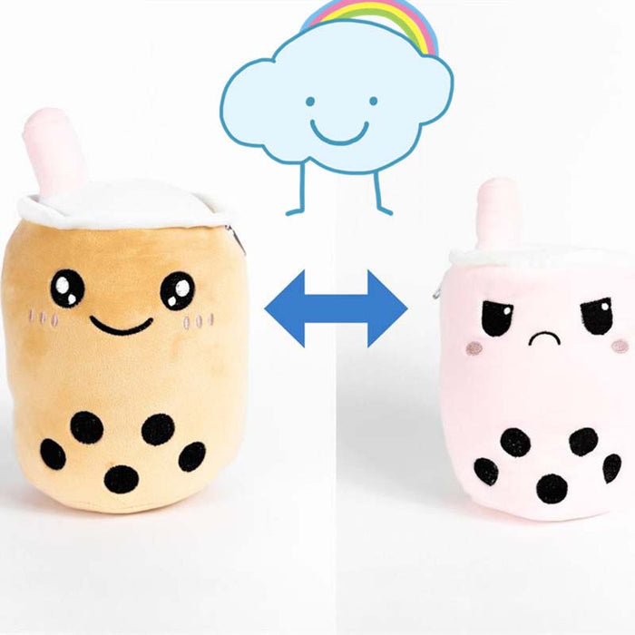 Reversible Bubble Tea Plush: Double Cuteness!: pink, orange bubble tea cups, kawaii cartoon style