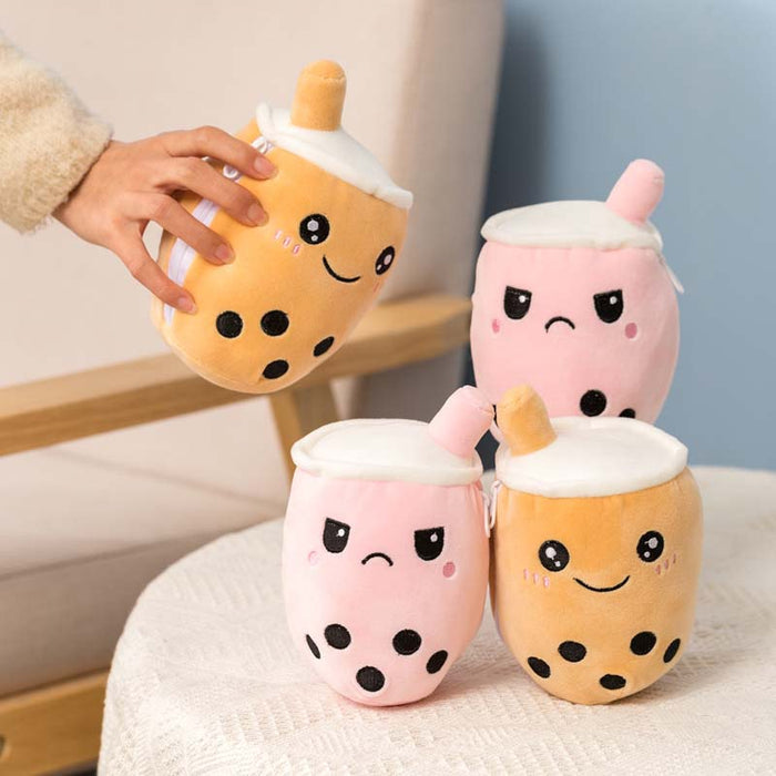 Reversible Bubble Tea Plush: Double Cuteness!: pink, orange bubble tea cups, kawaii cartoon style