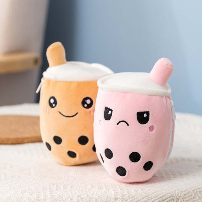 Reversible Bubble Tea Plush: Double Cuteness!: pink, orange bubble tea cups, kawaii cartoon style