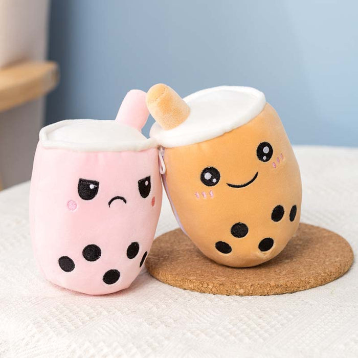 Reversible Bubble Tea Plush: Double Cuteness!: pink, orange bubble tea cups, kawaii cartoon style