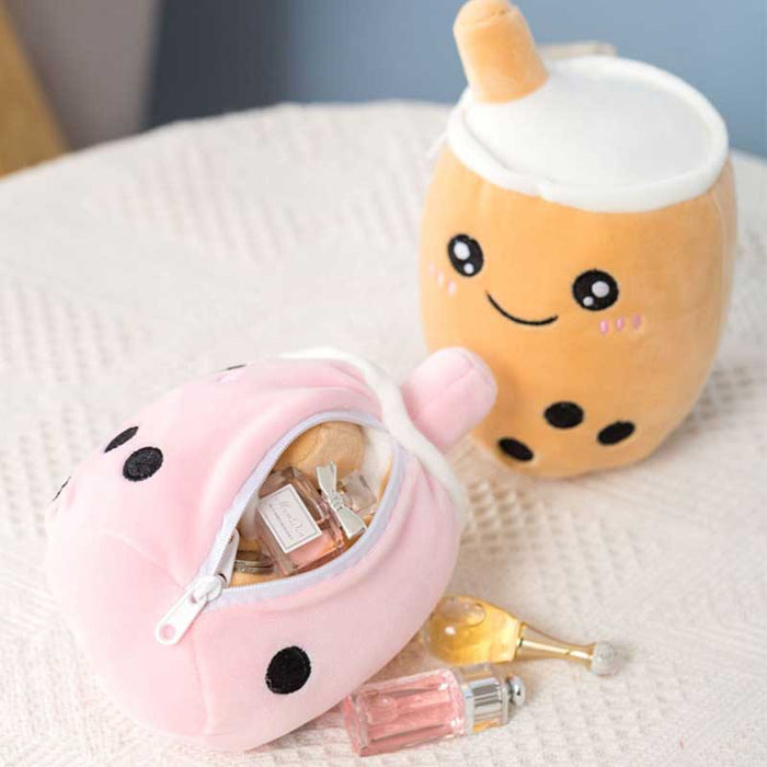 Reversible Bubble Tea Plush: Double Cuteness!: pink, orange bubble tea cups, kawaii cartoon style