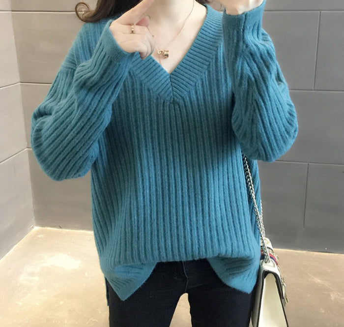 Ribbed Knit Sweater for Women with a V-Neck Design: teal blue V-neck ribbed sweater, minimal casual style