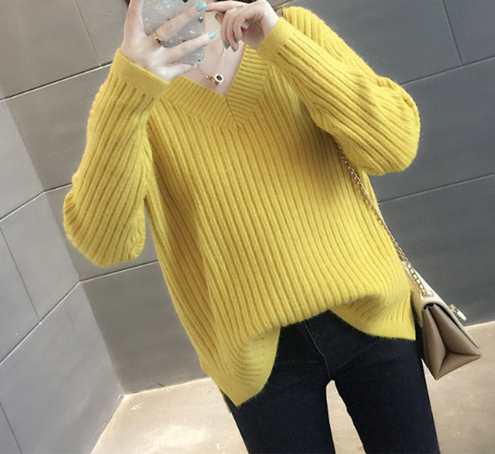 Ribbed Knit Sweater for Women with a V-Neck Design: teal blue V-neck ribbed sweater, minimal casual style