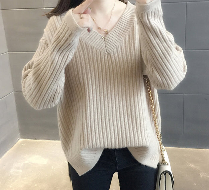 Ribbed Knit Sweater for Women with a V-Neck Design: teal blue V-neck ribbed sweater, minimal casual style