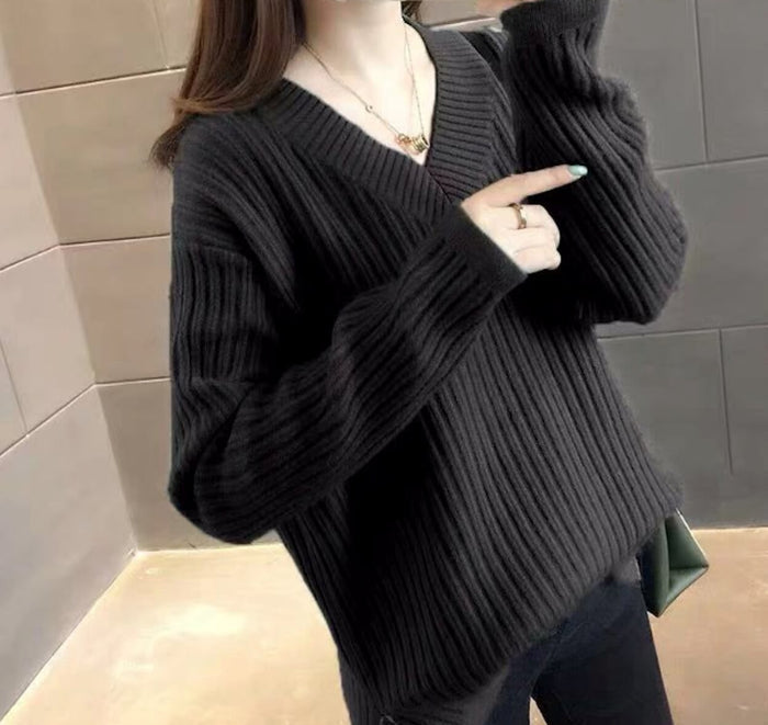 Ribbed Knit Sweater for Women with a V-Neck Design: teal blue V-neck ribbed sweater, minimal casual style