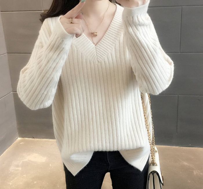 Ribbed Knit Sweater for Women with a V-Neck Design: teal blue V-neck ribbed sweater, minimal casual style