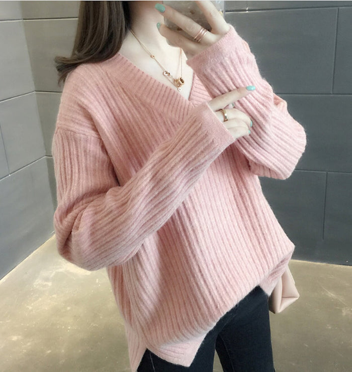 Ribbed Knit Sweater for Women with a V-Neck Design: teal blue V-neck ribbed sweater, minimal casual style