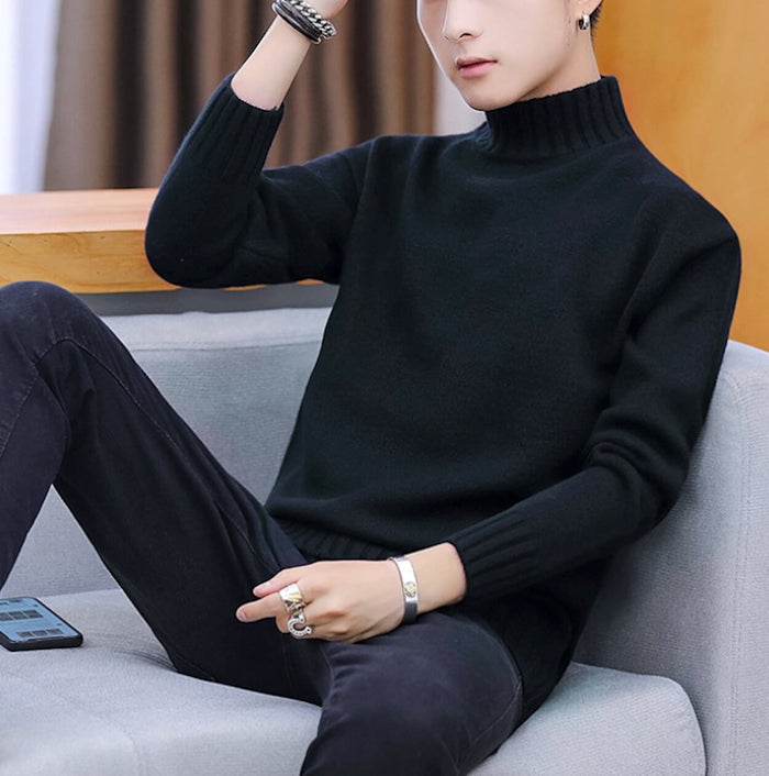 Ribbed Turtleneck Sweater for Men: gray turtleneck sweater, minimal style