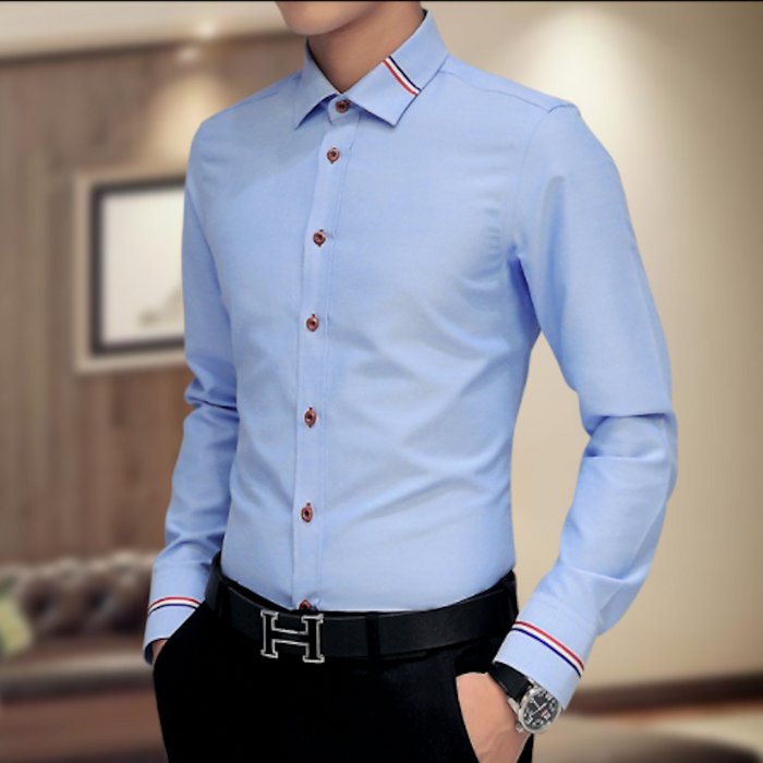 Ribbon Detailed Men's Button-Up Shirt: white, red long-sleeve button-up shirt, minimal formal style