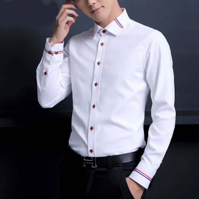 Ribbon Detailed Men's Button-Up Shirt: white, red long-sleeve button-up shirt, minimal formal style