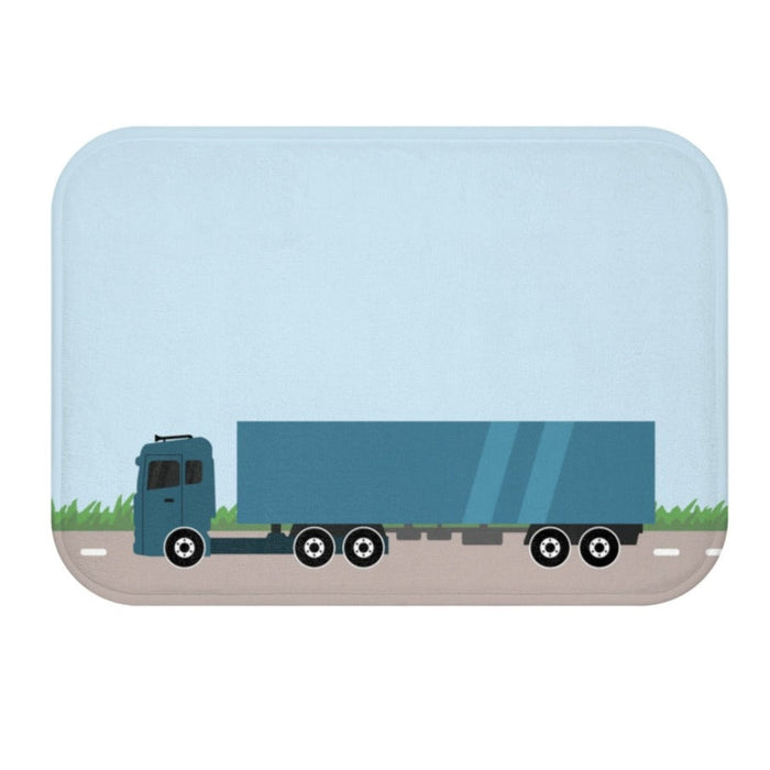 Roadway Truck Bath Mat: light blue, dark teal blue semi-truck, cartoon, minimal style