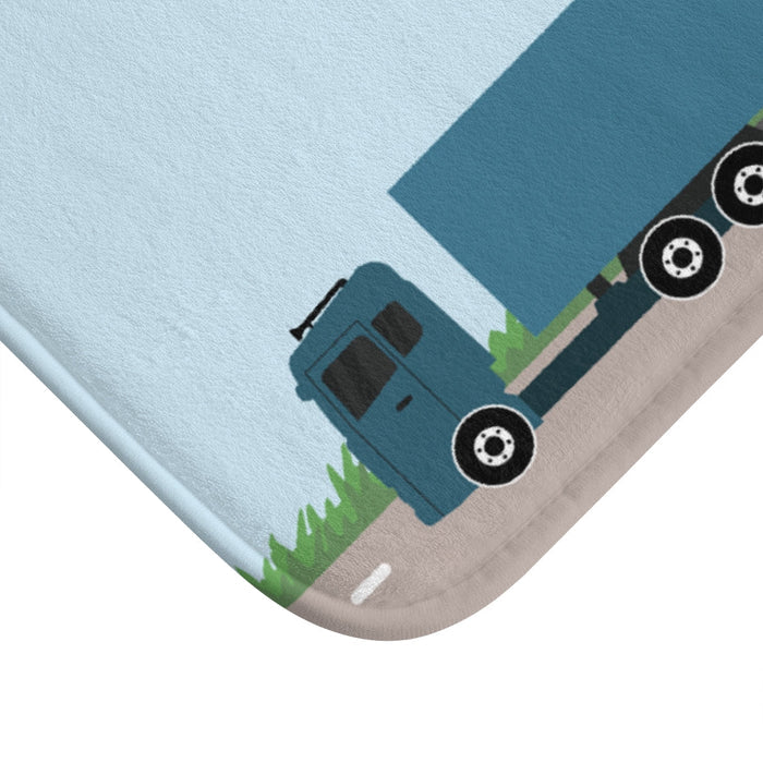 Roadway Truck Bath Mat: light blue, dark teal blue semi-truck, cartoon, minimal style