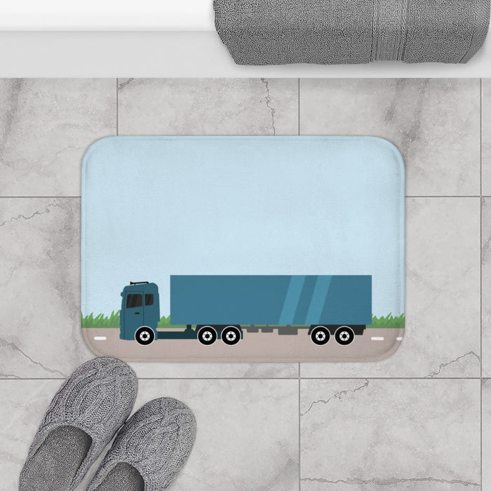 Roadway Truck Bath Mat: light blue, dark teal blue semi-truck, cartoon, minimal style