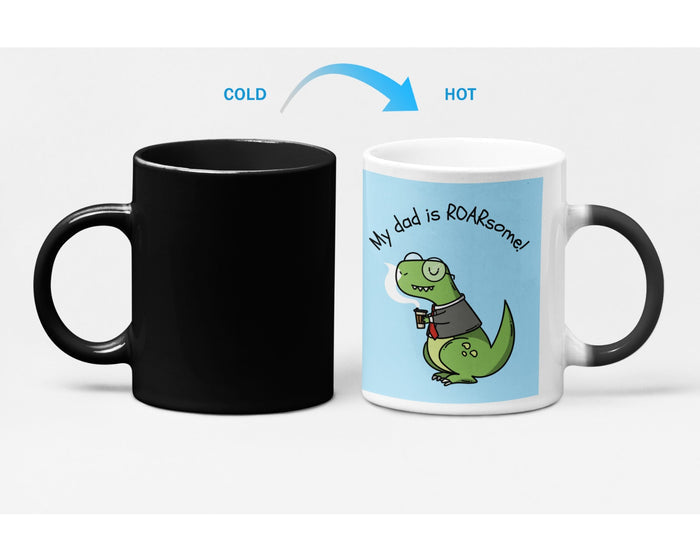 Roarsome Dad Heat Sensitive Mug, Changes Color!: light blue, black cartoon dinosaur