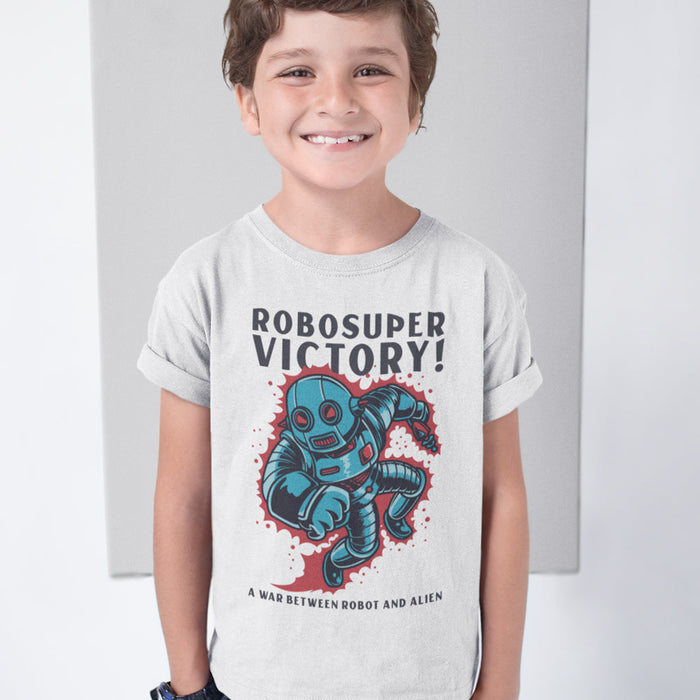 Robosuper Victory Tee for Boys: light gray, dark gray cartoon robot and alien, cartoon graphic style