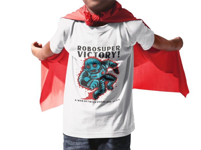 Robosuper Victory Tee for Boys: light gray, dark gray cartoon robot and alien, cartoon graphic style