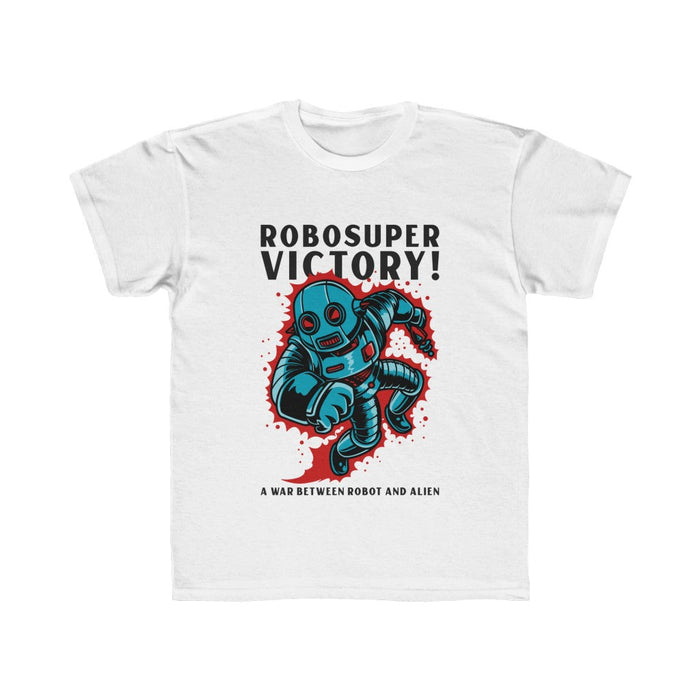 Robosuper Victory Tee for Boys: light gray, dark gray cartoon robot and alien, cartoon graphic style