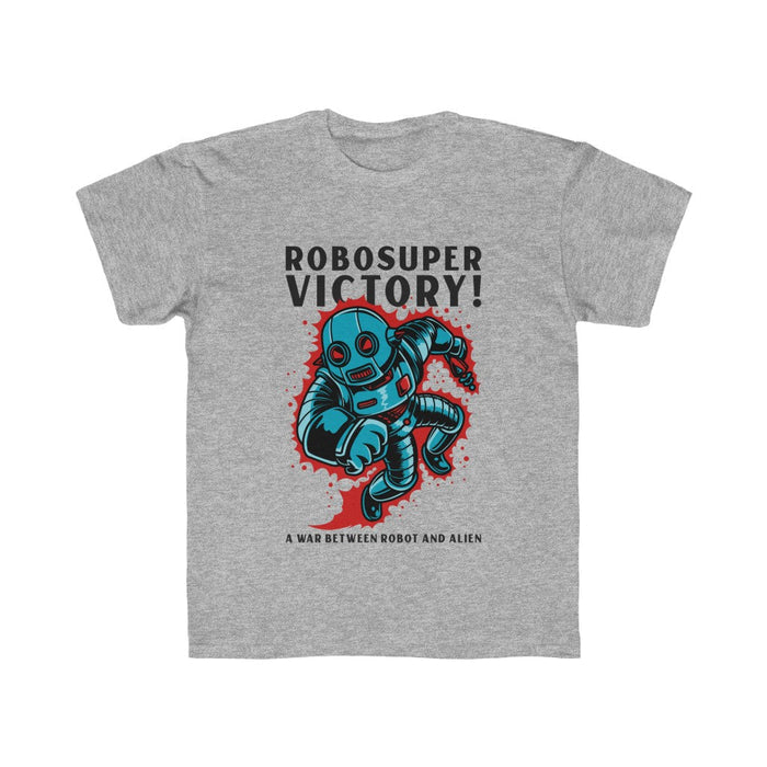 Robosuper Victory Tee for Boys: light gray, dark gray cartoon robot and alien, cartoon graphic style