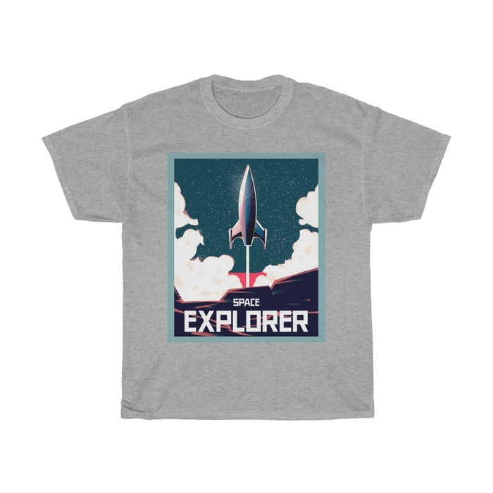 Rocket Man Tee for Men: black, teal blue rocket/space exploration, retro sci-fi graphic style