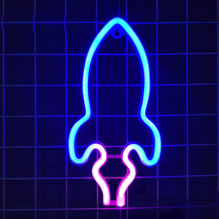Rocket Neon LED Lights, Cosmic Charm!: blue, pink rocket, minimal cartoon style