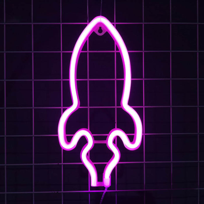 Rocket Neon LED Lights, Cosmic Charm!: blue, pink rocket, minimal cartoon style