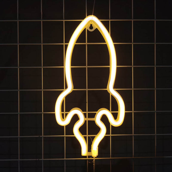 Rocket Neon LED Lights, Cosmic Charm!: blue, pink rocket, minimal cartoon style