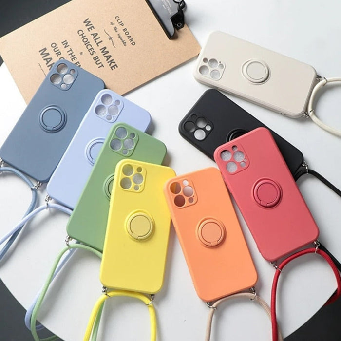 Rope Ring Crossbody Phone Case with Stand for iPhone, A Hands-free Solution: blue-gray, light lavender phone cases with lanya