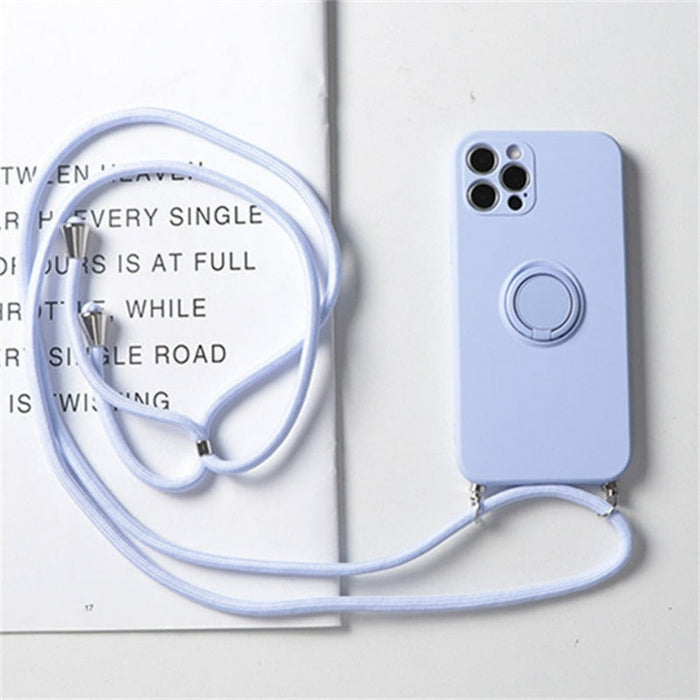 Rope Ring Crossbody Phone Case with Stand for iPhone, A Hands-free Solution: blue-gray, light lavender phone cases with lanya