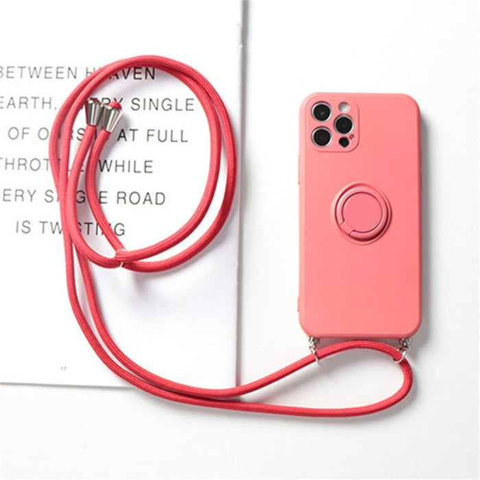 Rope Ring Crossbody Phone Case with Stand for iPhone, A Hands-free Solution: blue-gray, light lavender phone cases with lanya