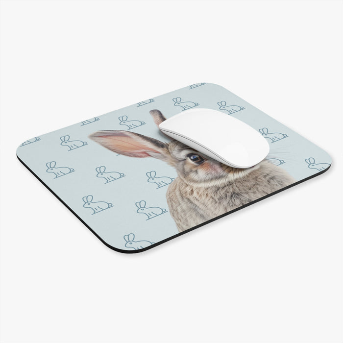 Rose Bunny Desk Mat: light blue, gray rabbit, realistic animal portrait with cartoon-pattern background style