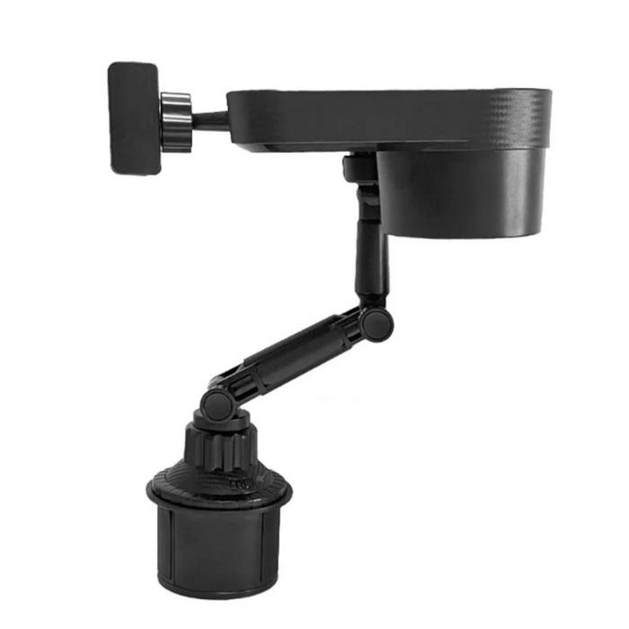 Rotating Car Drink and Snack Tray, 360-Degree Swivel: black adjustable clamp-mounted holder/stand, minimal functional style
