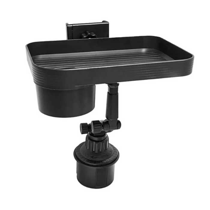 Rotating Car Drink and Snack Tray, 360-Degree Swivel: black adjustable clamp-mounted holder/stand, minimal functional style